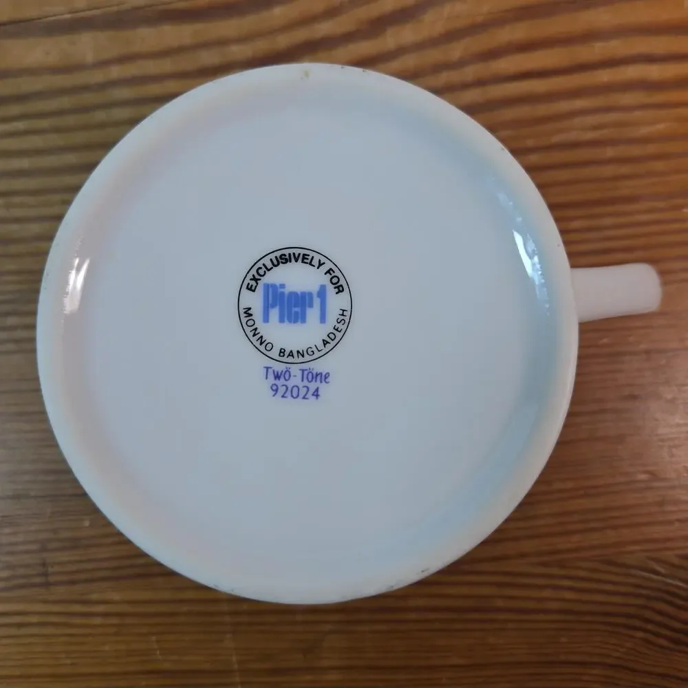Pier 1 Two-Tone Coffee Cup Mug Teacup Green Band Blue Rim 92024 Replacement
